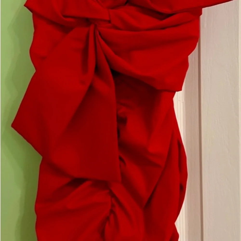 NWTags Zara red ruched‎ bow vneck mini dress size small